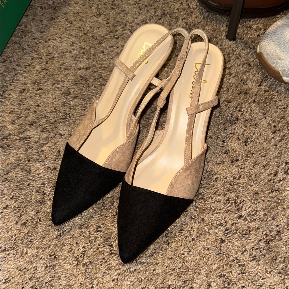 Lulu's Black and Tan Slingback Heels
